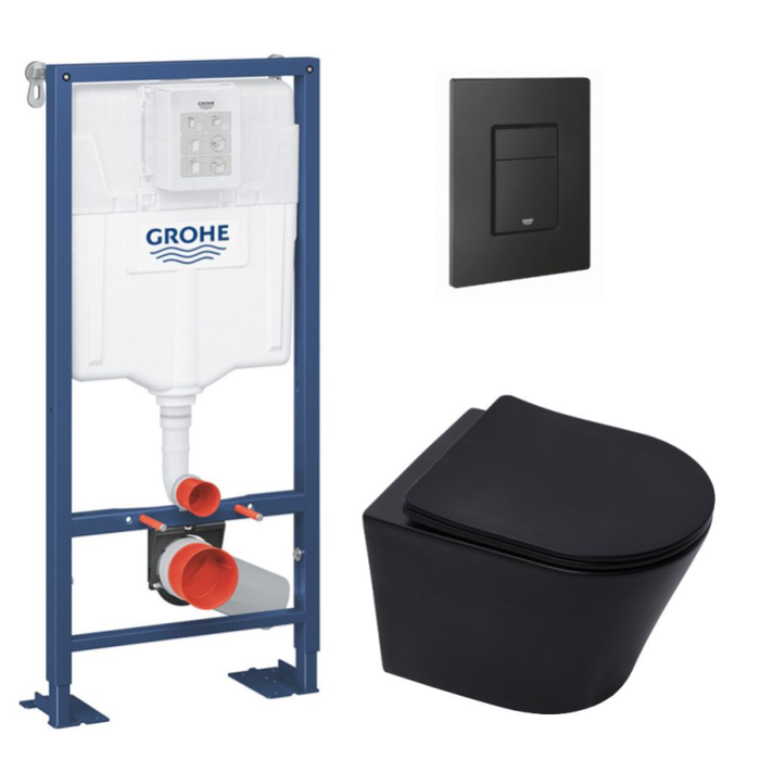 Grohe Pack WC Bâti Solido + WC sans bride SAT Noir mat + Abattant frein de chute + Plaque noir mat (AUTOPORTANT-BLACKINFINITIO-KF0)