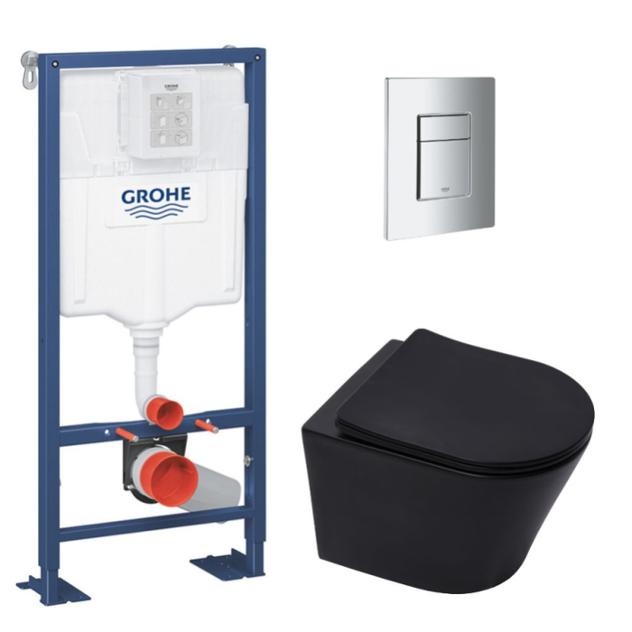 Grohe Pack WC Bâti Solido + WC sans bride SAT Noir mat + Abattant frein de chute + Plaque chrome (AUTOPORTANT-BLACKINFINITIO-1)