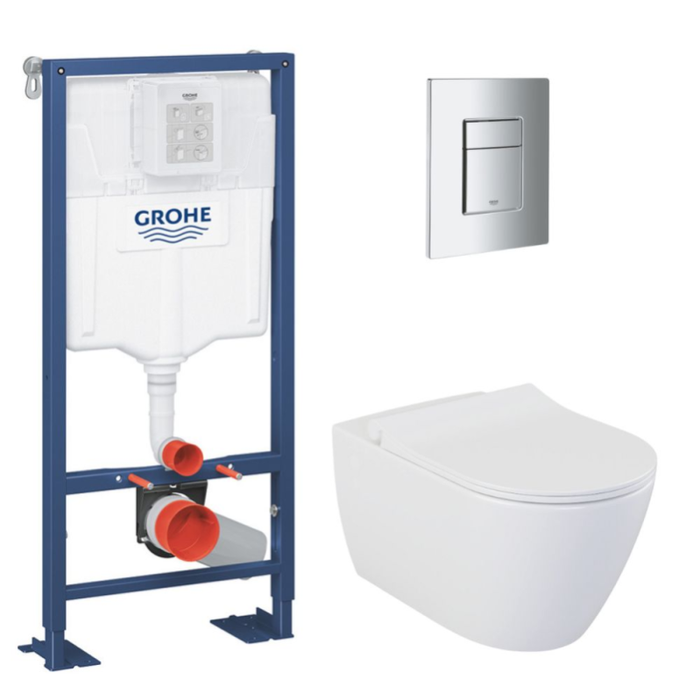 Grohe Pack WC Bâti Autoportant Solido + Cuvette Bello + Abattant soft close + Plaque Chrome (AUTOPORTANT-BELLO-1)