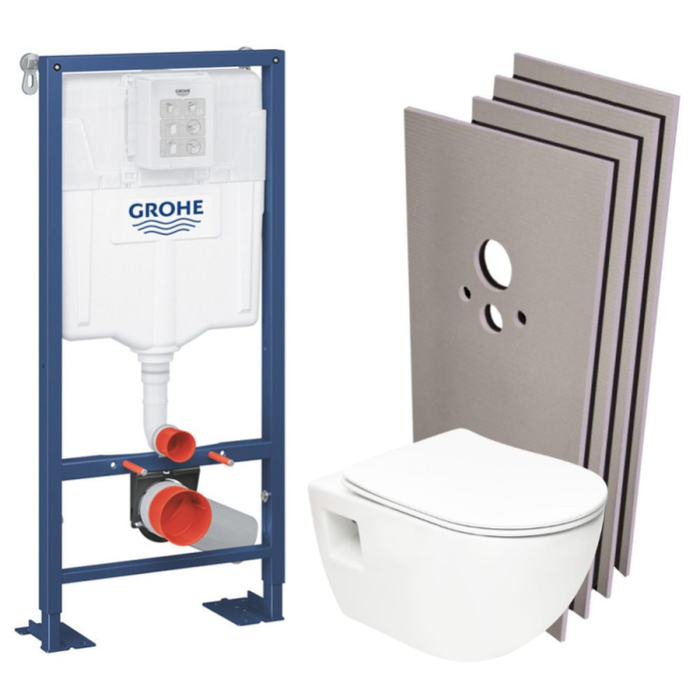 Grohe SOLIDO Pack Bâti-support + WC sans bride SAT + Abattant SoftClose + Plaque chrome+ Set d'habillage (AUTOPORTANT-PROJECT-1-SABO)