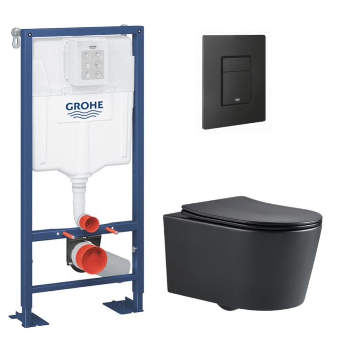 Grohe Pack WC Bâti Solido + WC sans bride SAT Noir mat + Abattant frein de chute + Plaque noir mat (AUTOPORTANT-BLACKSAT-KF0)