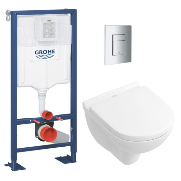 Grohe SOLIDO Pack Bâti-support + Cuvette suspendue + Abattant + Plaque chrome (AUTOPORTANT-O.NOVO49-1)