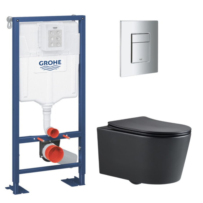Grohe Pack WC Bâti Solido + WC sans bride SAT Noir mat + Plaque chrome (AUTOPORTANT-BLACKSAT-1)