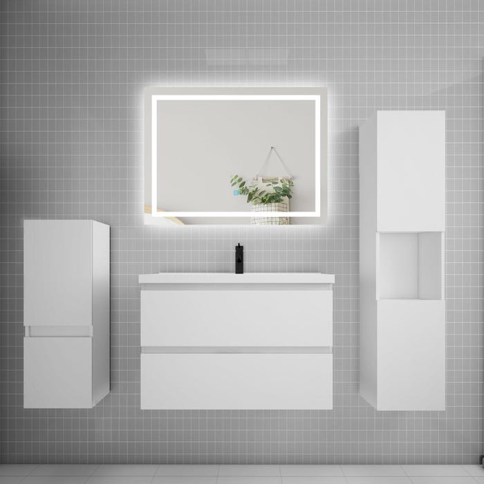 Ensemble meuble de salle de bain 80cm, vasque + colonne + LED miroir,blanc