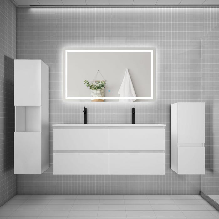 Ensemble meuble de salle de bain 120cm, vasque + colonne + LED miroir,blanc