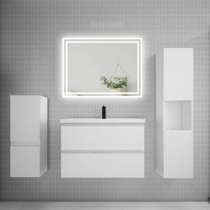 Ensemble meuble de salle de bain 80cm, simple vasque + colonne + LED miroir,blanc