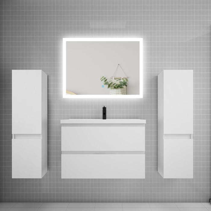 Ensemble meuble de salle de bains 80cm, simple vasque + colonne + miroir rectangulaire,blanc