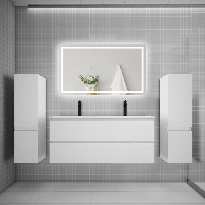 Ensemble meuble de salle de bains 120cm, vasque + colonne + LED miroir,blanc