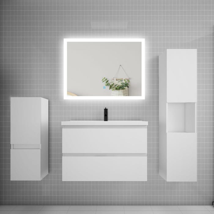 Ensemble meuble de salle de bain 80cm, simple vasque + colonne + LED miroir rectangulaire,blanc