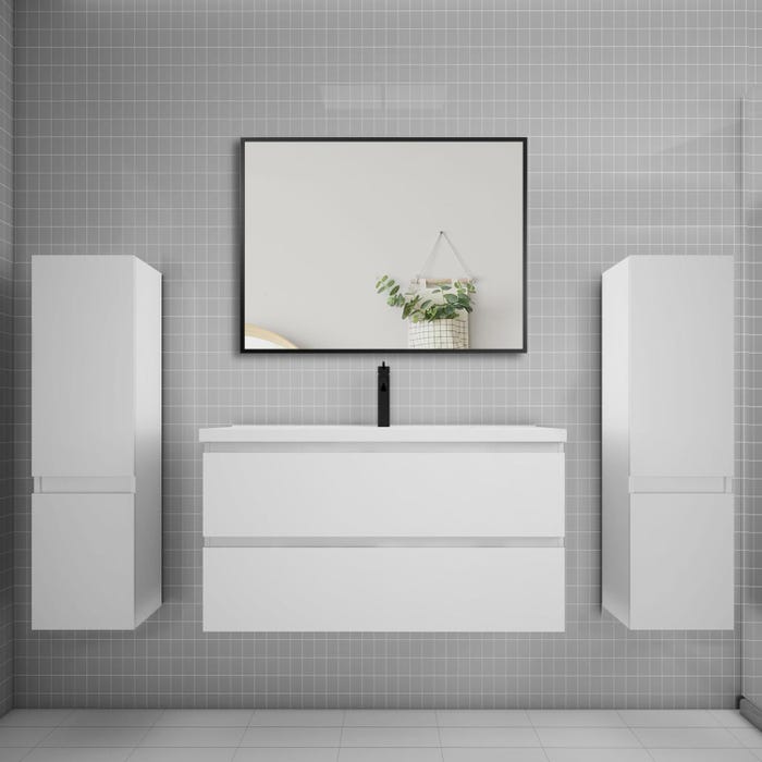 Ensemble meuble de salle de bains 100cm vasque + colonne + miroir,blanc