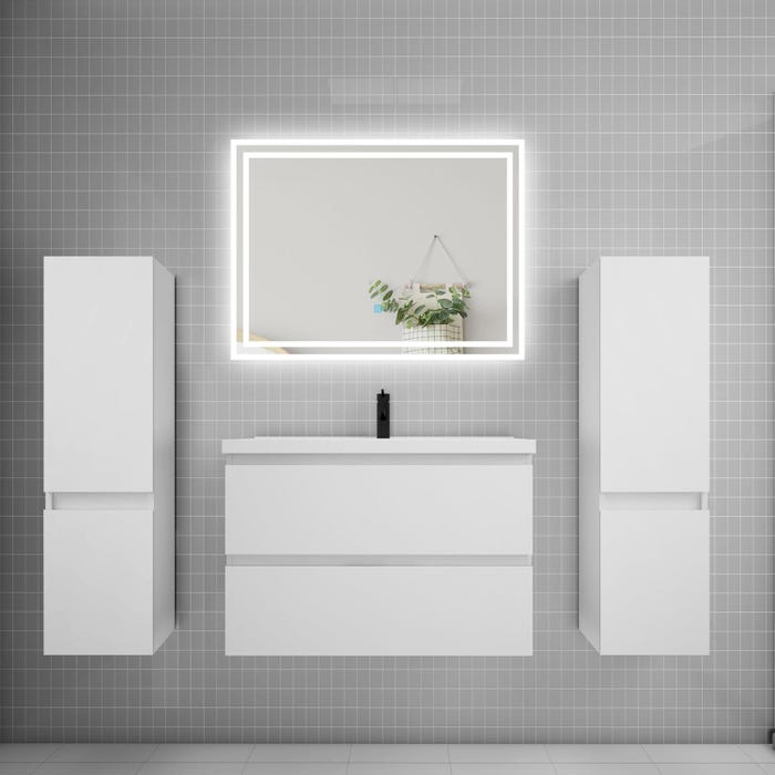 Ensemble meuble de salle de bains 80cm, simple vasque + colonne + LED miroir,blanc