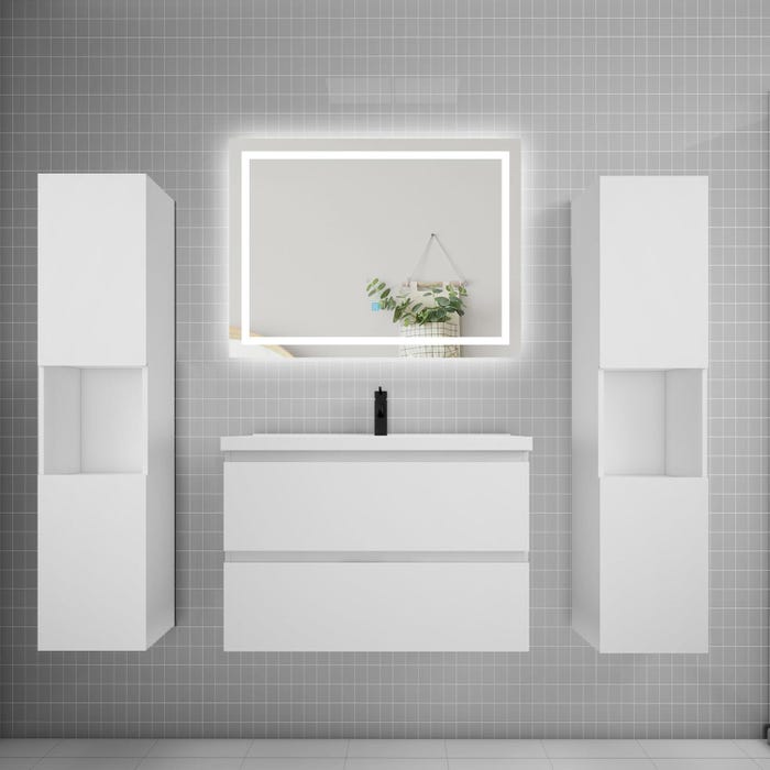 Ensemble meuble de salle de bains 80cm, vasque + colonne + LED miroir mural,blanc