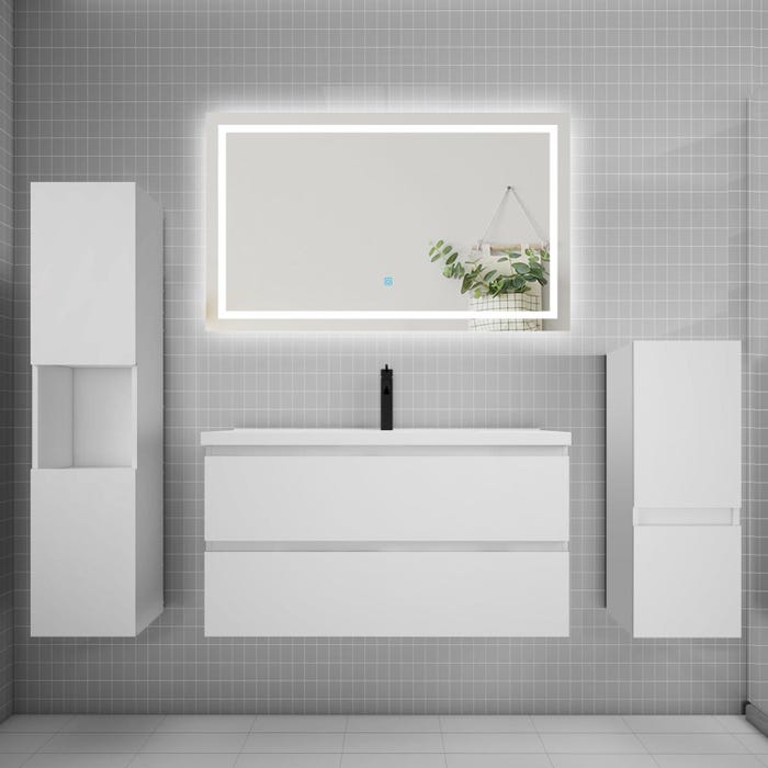Ensemble meuble de salle de bain 100cm, vasque + colonne + LED miroir,blanc