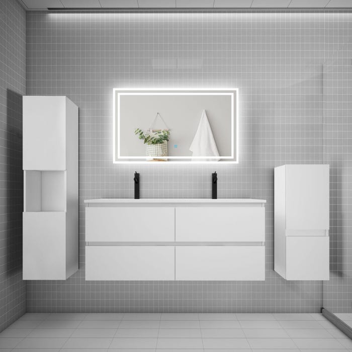 Ensemble meuble de salle de bain 120cm, double vasque + colonne + LED miroir,blanc