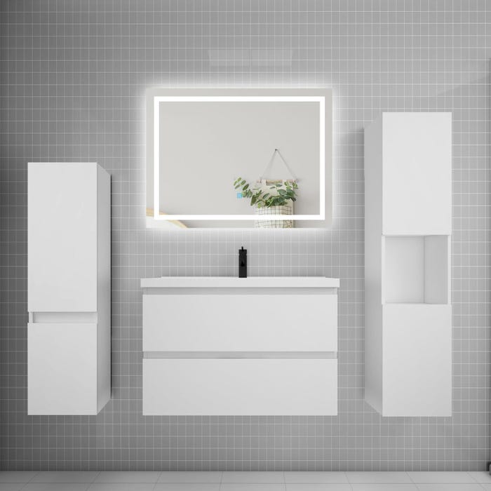 Ensemble meuble de salle de bains 80cm, vasque et colonne et LED miroir,blanc