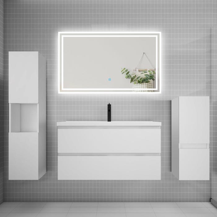 Ensemble meuble de salle de bain 100cm, simple vasque + colonne + LED miroir,blanc