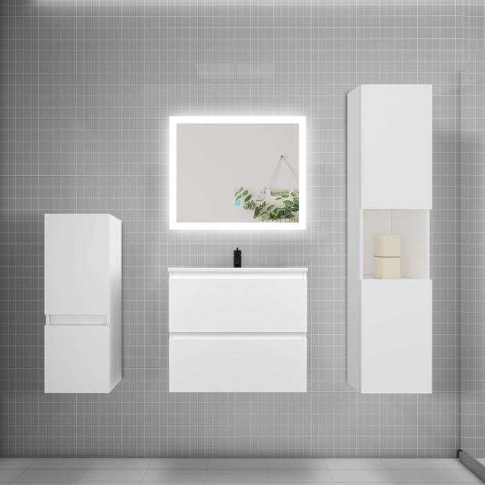 Ensemble meuble de salle de bain 60cm, vasque + colonne + LED miroir rectangulaire,blanc