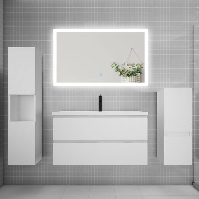 Ensemble meuble de salle de bain 100cm, simple vasque + colonne + LED miroir rectangulaire,blanc