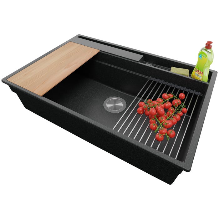 Évier Cusine en Granit Graphite 78x53 cm, Lavabo Cuisine 1 Bac + Kit de Vidage, Évier au meuble 80cm, Évier à Encastrer de Primagran