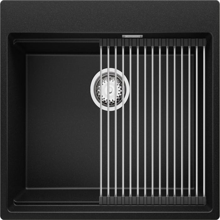 Evier Cuisine Noir, 58 x 53 cm, Evier en Granit 1 bac + Kit de Vidage, Evier a Encastrer de Primagran