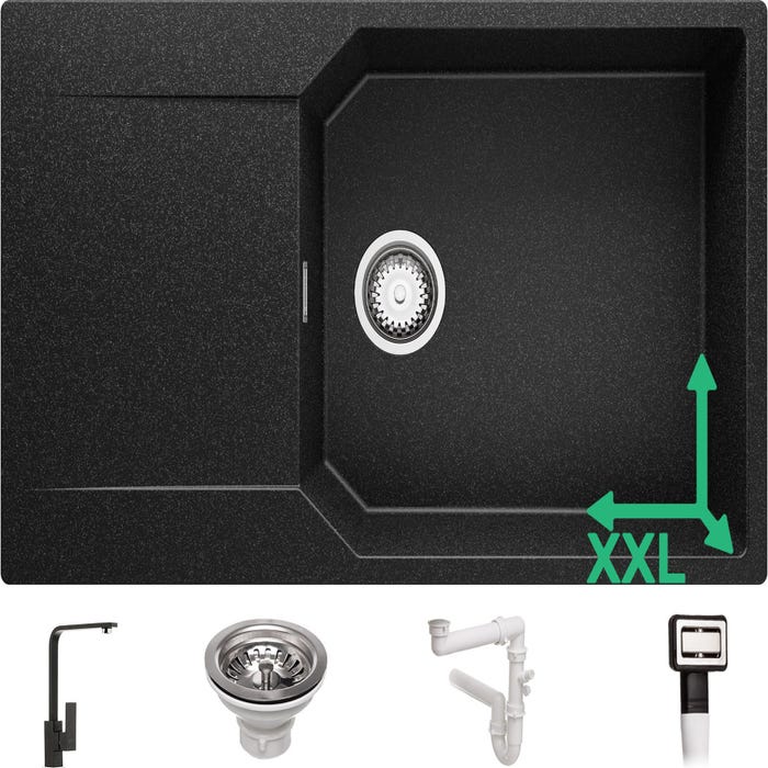 Evier Cuisine en Granit Graphite, 90 x 50 cm, Lavabo 1 bac + Robinet 8000 + Kit de Vidage, Évier à Encastrer de Primagran