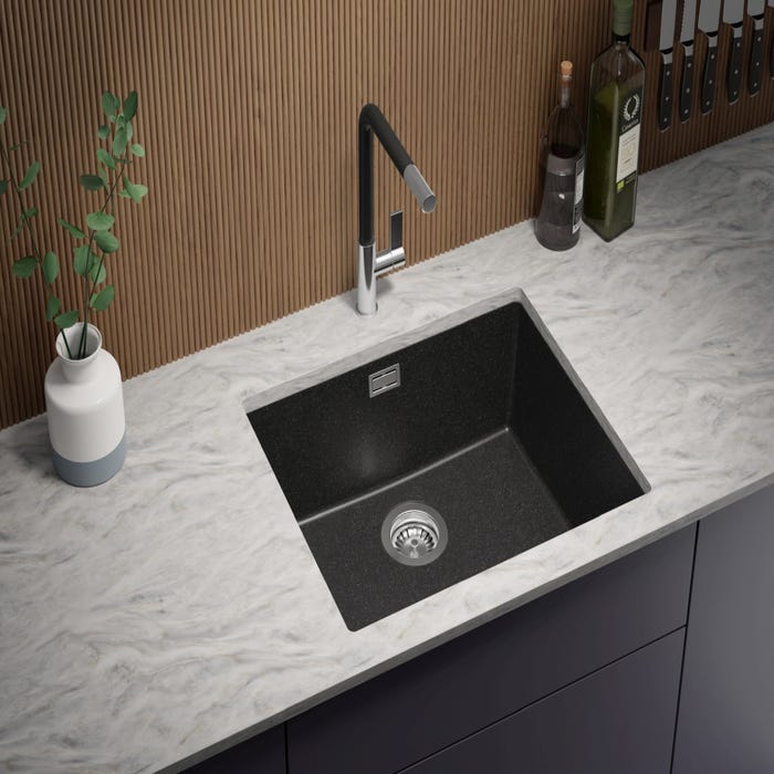 Evier Sous Plan Graphite, 56 x 47 cm, Evier en Granit 1 bac + Kit de Vidage, Lavabo Cuisine de Primagran