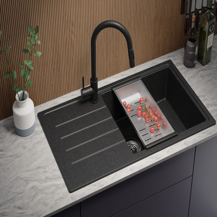 Evier Cuisine en Granit Graphite, 90 x 50 cm, Lavabo 1 bac + Kit de Vidage, Évier à Encastrer de Primagran