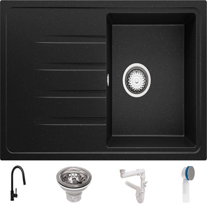 Evier Cuisine en Granit Noir Metallic, 78 x 50 cm, Lavabo 1 bac + Robinet 9700 + Kit de Vidage, Évier à Encastrer Milan 780 de Primagran