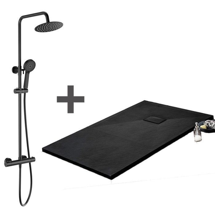 Pack Receveur de douche 90 x 170 cm extra plat noir + Colonne de douche thermostatique noir mat