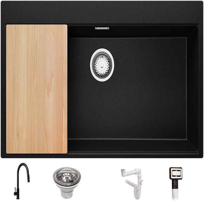 Évier Cusine en Granit Noir Metallic 88x50 cm, Lavabo Cuisine 1 Bac + Kit de Vidage + Robinet, Évier au meuble 90cm, Évier à Encastrer de Primagran