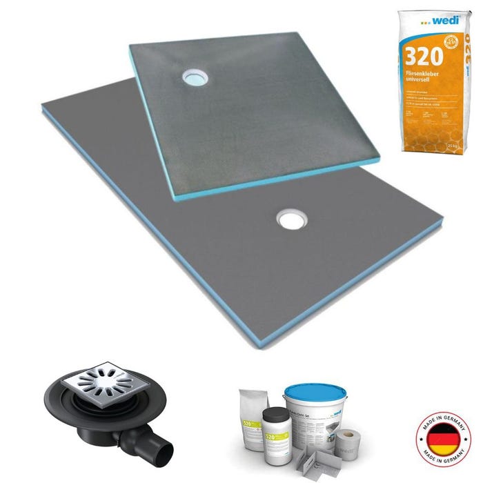 Receveur de douche à carreler 180 x 90 WEDI Fundo Primo écoulement excentré + bonde horizontale + kit d'étanchéité + colle 320