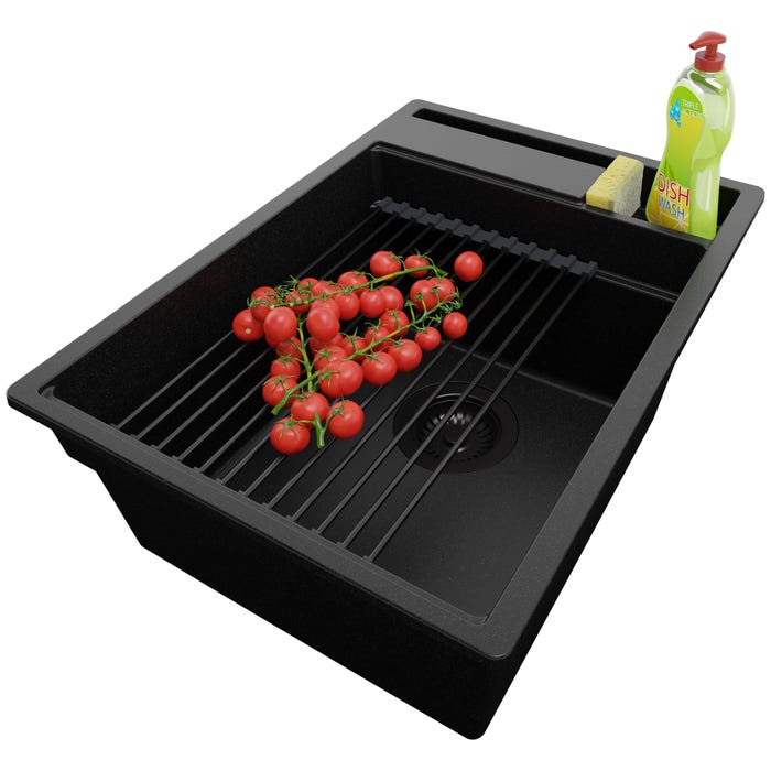 Évier Cusine en Granit Tout Noir 38x53 cm, Lavabo Cuisine 1 Bac + Kit de Vidage, Évier au meuble 40cm, Évier à Encastrer de Primagran