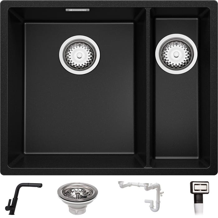 Evier Cuisine en Granit Noir, 55,5 x 45 cm, Lavabo 1,5 bac + Robinet 3700 + Kit de Vidage, Évier à Encastrer de Primagran