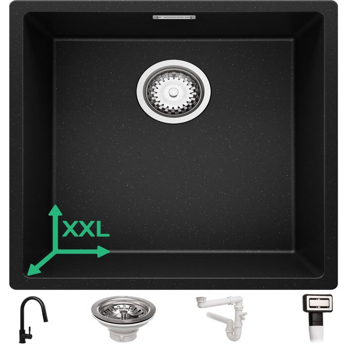 Evier Sous Plan Noir Metallic, 46 x 47 cm, Evier en Granit 1 bac + Robinet 9700 + Kit de Vidage, Lavabo Cuisine de Primagran