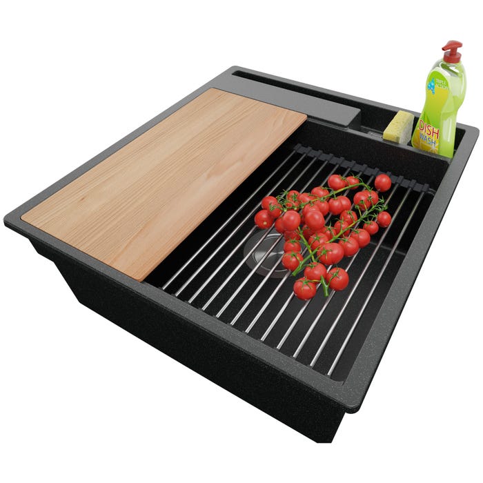 Évier Cusine en Granit Graphite 48x53 cm, Lavabo Cuisine 1 Bac + Kit de Vidage, Évier au meuble 50cm, Évier à Encastrer de Primagran