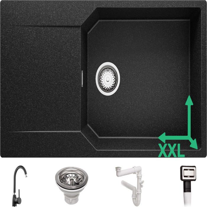 Evier Cuisine en Granit Graphite, 90 x 50 cm, Lavabo 1 bac + Robinet 5000 + Kit de Vidage, Évier à Encastrer de Primagran