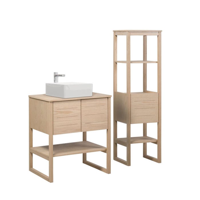 Meuble de Salle De Bain Chêne 70 cm + Colonne de rangement Chêne 145 cm ATOLL + Vasque carrée 36 cm