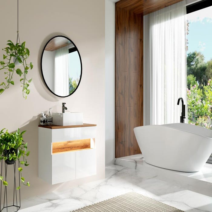 Meuble de salle de bain suspendu à LEDs avec vasque à poser - Blanc et naturel foncé - L80 cm - POZEGA