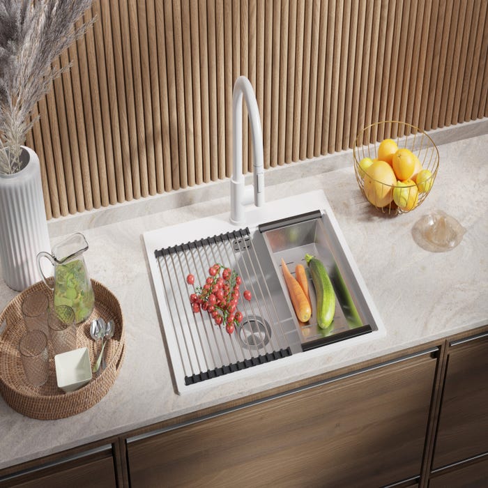 Evier Cuisine en Granit Blanc, 58 x 50 cm, Lavabo 1 bac + Kit de Vidage, Évier à Encastrer Oslo 60 Top de Primagran