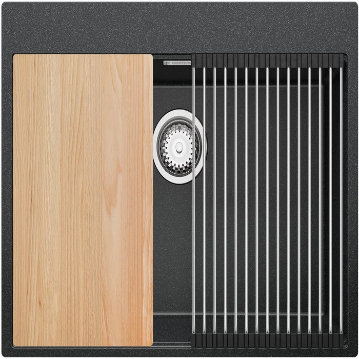 Évier Cusine en Granit Graphite 68x50 cm, Lavabo Cuisine 1 Bac + Kit de Vidage, Évier au meuble 70cm, Évier à Encastrer de Primagran