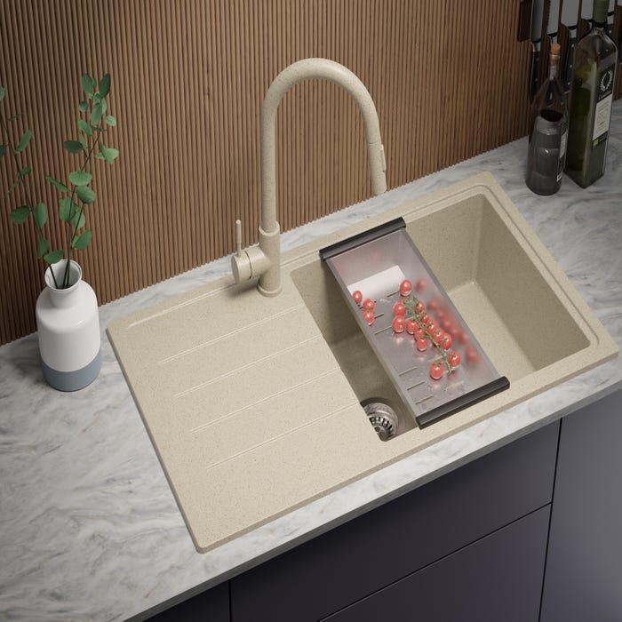 Evier Cuisine en Granit Beige, 90 x 50 cm, Lavabo 1 bac + Kit de Vidage, Évier à Encastrer de Primagran