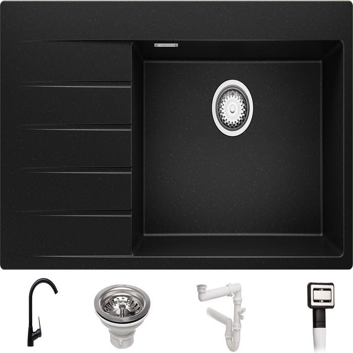 Évier Cusine en Granit Moir Metallic 90x50 cm, Lavabo Cuisine 1 Bac + Kit de Vidage + Robinet, Évier au meuble 60cm, Évier à Encastrer de Primagran