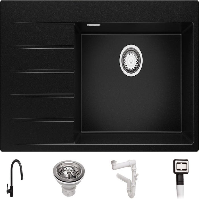 Évier Cusine en Granit Noir 90x50 cm, Lavabo Cuisine 1 Bac + Kit de Vidage + Robinet, Évier au meuble 60cm, Évier à Encastrer de Primagran