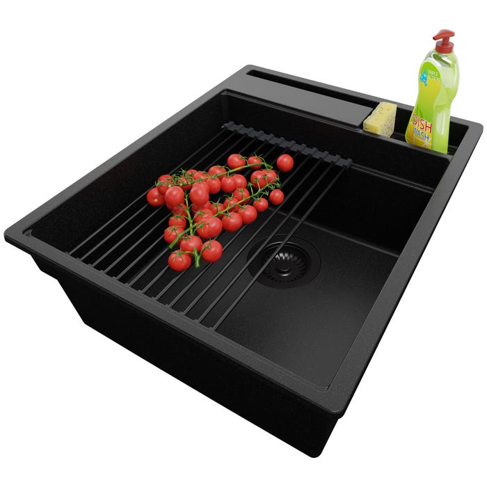 Évier Cusine en Granit Tout Noir 43x53 cm, Lavabo Cuisine 1 Bac + Kit de Vidage, Évier au meuble 45cm, Évier à Encastrer de Primagran