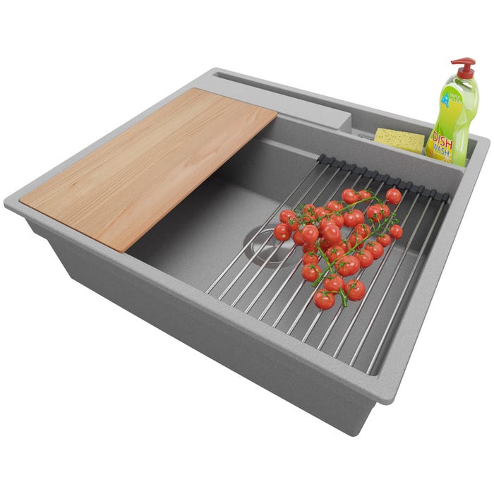 Évier Cusine en Granit Gris 58x53 cm, Lavabo Cuisine 1 Bac + Kit de Vidage, Évier au meuble 60cm, Évier à Encastrer de Primagran