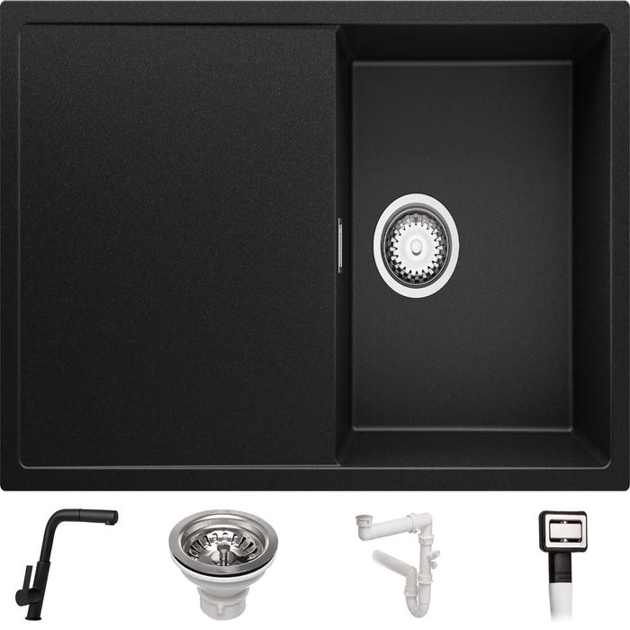 Evier Cuisine en Granit Noir, 78 x 50 cm, Lavabo 1 bac + Robinet 3700 + Kit de Vidage, Évier à Encastrer Ibiza 780 de Primagran