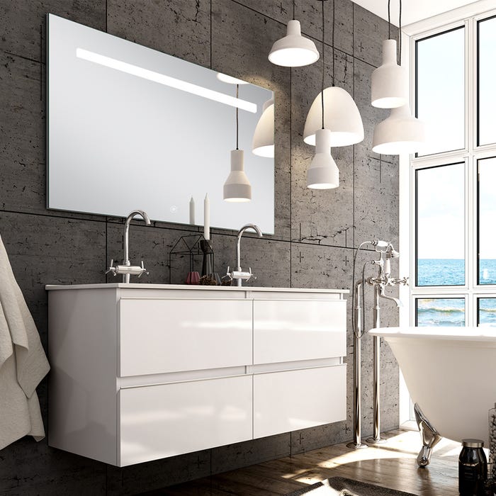 Meuble de salle de bain simple vasque - 4 tiroirs - BALEA et miroir Led STAM - blanc - 120cm