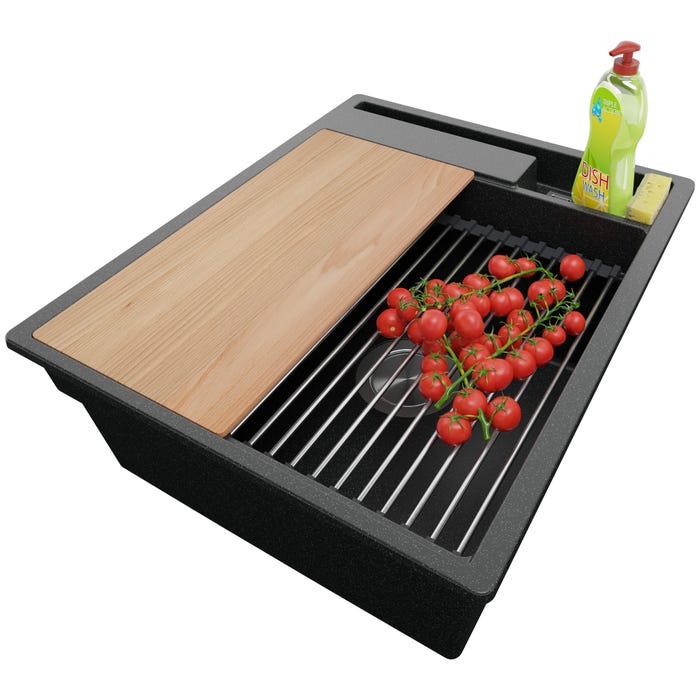 Évier Cusine en Granit Graphite 43x53 cm, Lavabo Cuisine 1 Bac + Kit de Vidage, Évier au meuble 45cm, Évier à Encastrer de Primagran