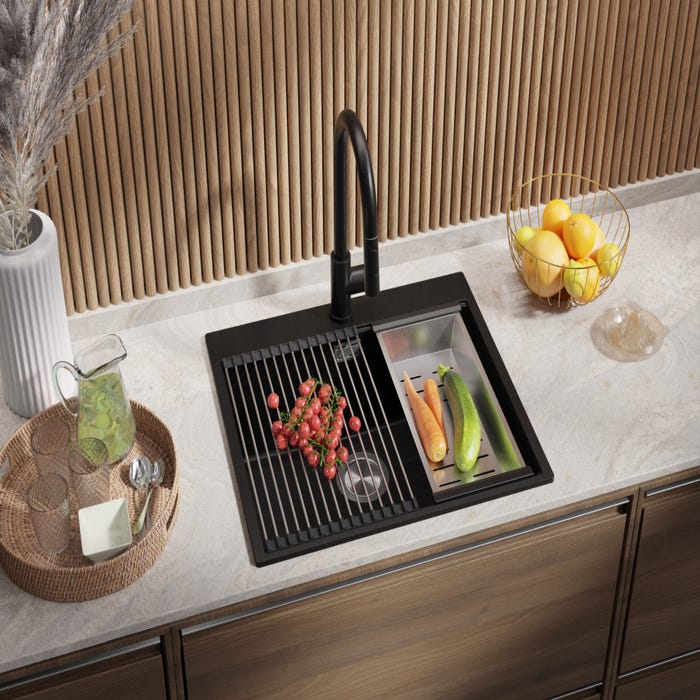 Evier Cuisine en Granit Noir, 58 x 50 cm, Lavabo 1 bac + Kit de Vidage, Évier à Encastrer Oslo 60 Top de Primagran