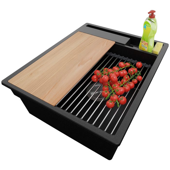 Évier Cusine en Granit Noir 43x53 cm, Lavabo Cuisine 1 Bac + Kit de Vidage, Évier au meuble 45cm, Évier à Encastrer de Primagran